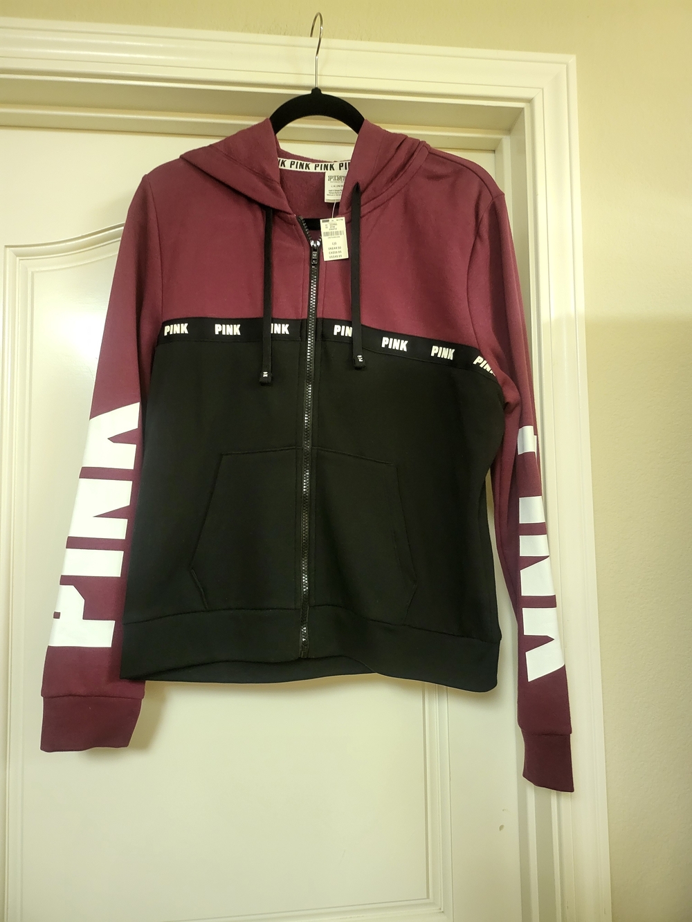 PINK Victoria's Secret Plum and Black Colorblock Zip Hoodie Size Large New